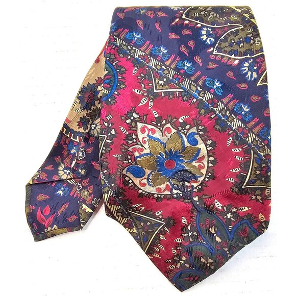 Countess Mara Levys Vintage Silk Tie Floral Paisley Print Red Navy Men Accessory - Picture 1 of 9